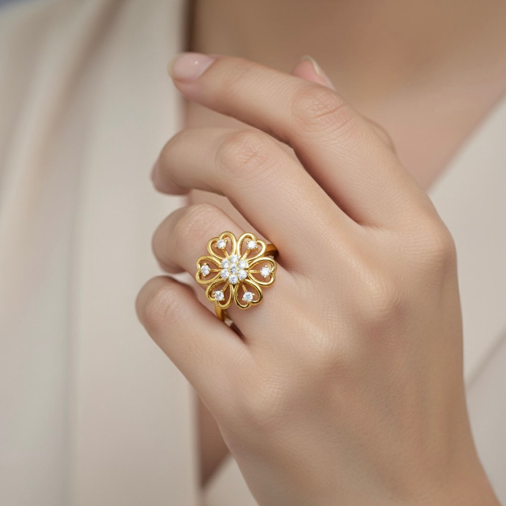 Diamtrendz 925 sterling silver yellow gold plated cubic zirconia floral ring