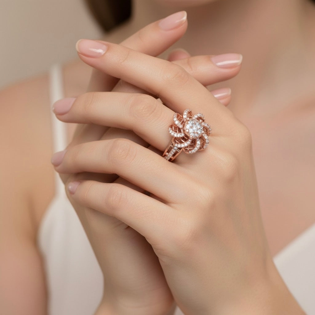 Diamtrendz 925 sterling silver rose gold plated cubic zirconia floral ring