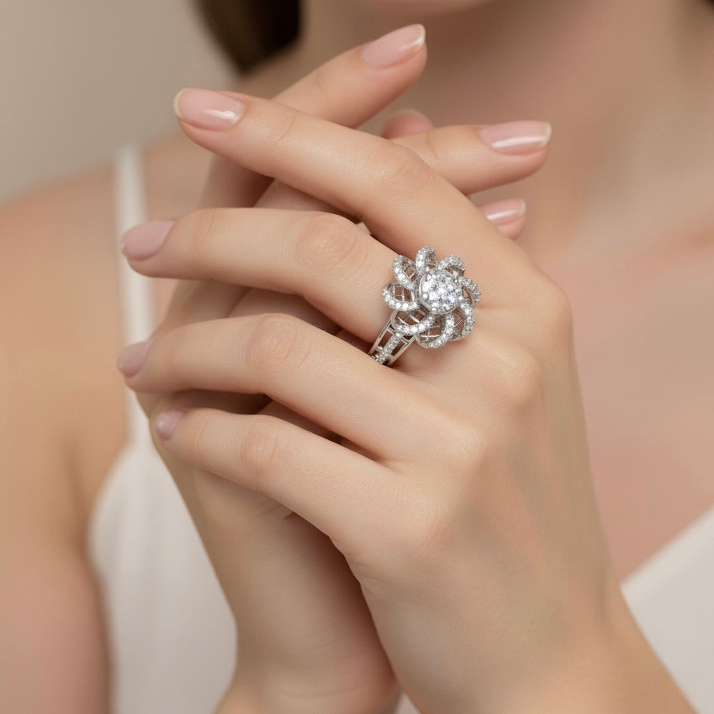 Diamtrendz 925 sterling silver Rhodium plated cubic zirconia floral ring