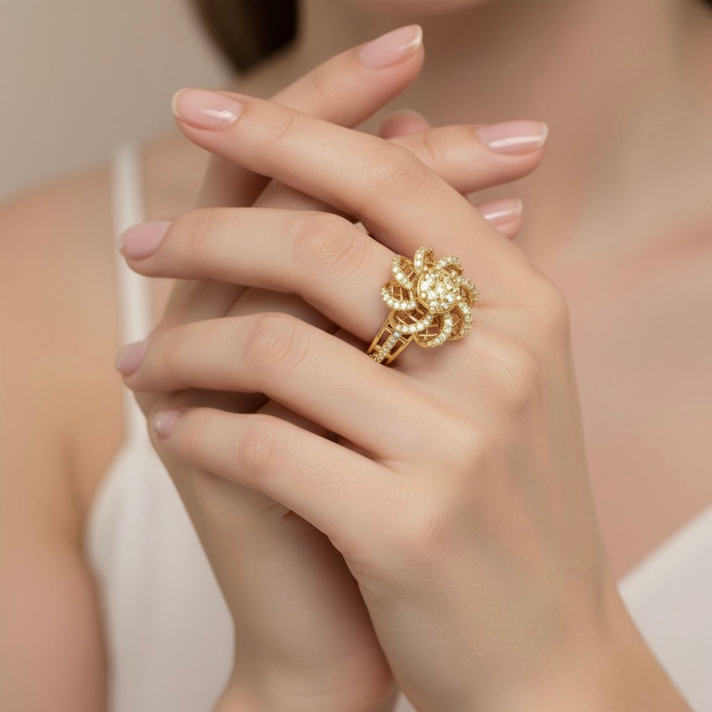 Diamtrendz 925 sterling silver yellow gold plated cubic zirconia floral ring