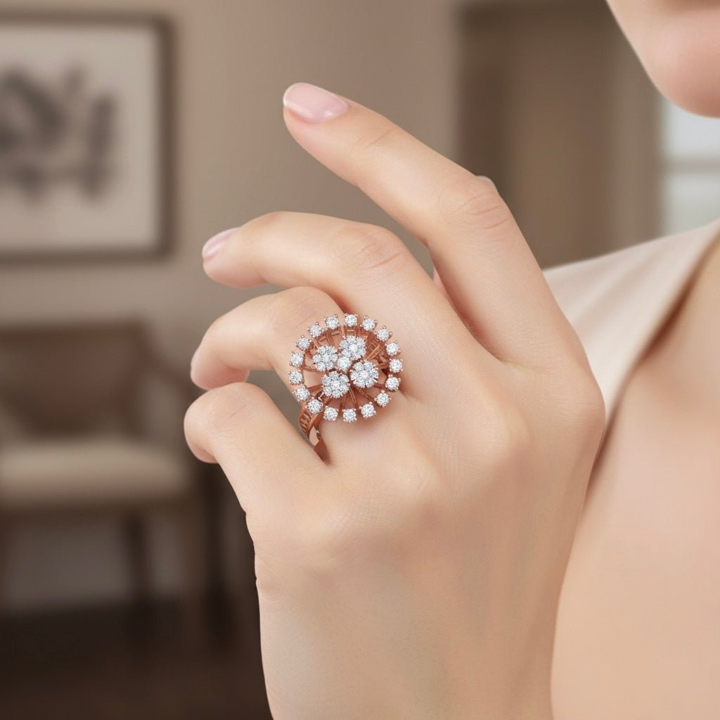 Diamtrendz 925 sterling silver rose gold plated cubic zirconia floral ring