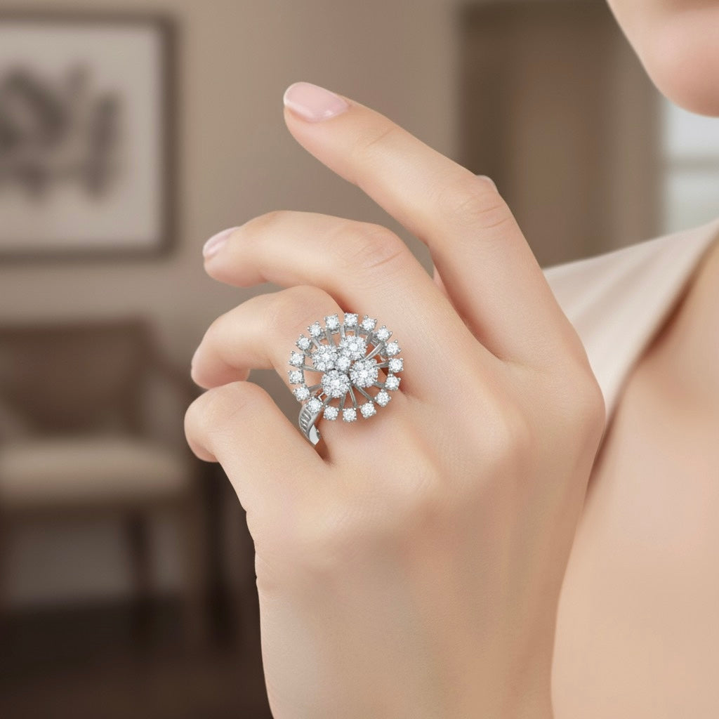 Diamtrendz 925 sterling silver Rhodium plated cubic zirconia floral ring