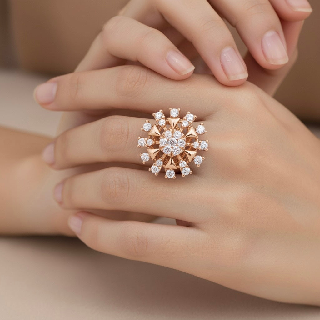 Diamtrendz 925 sterling silver rose gold plated cubic zirconia floral ring