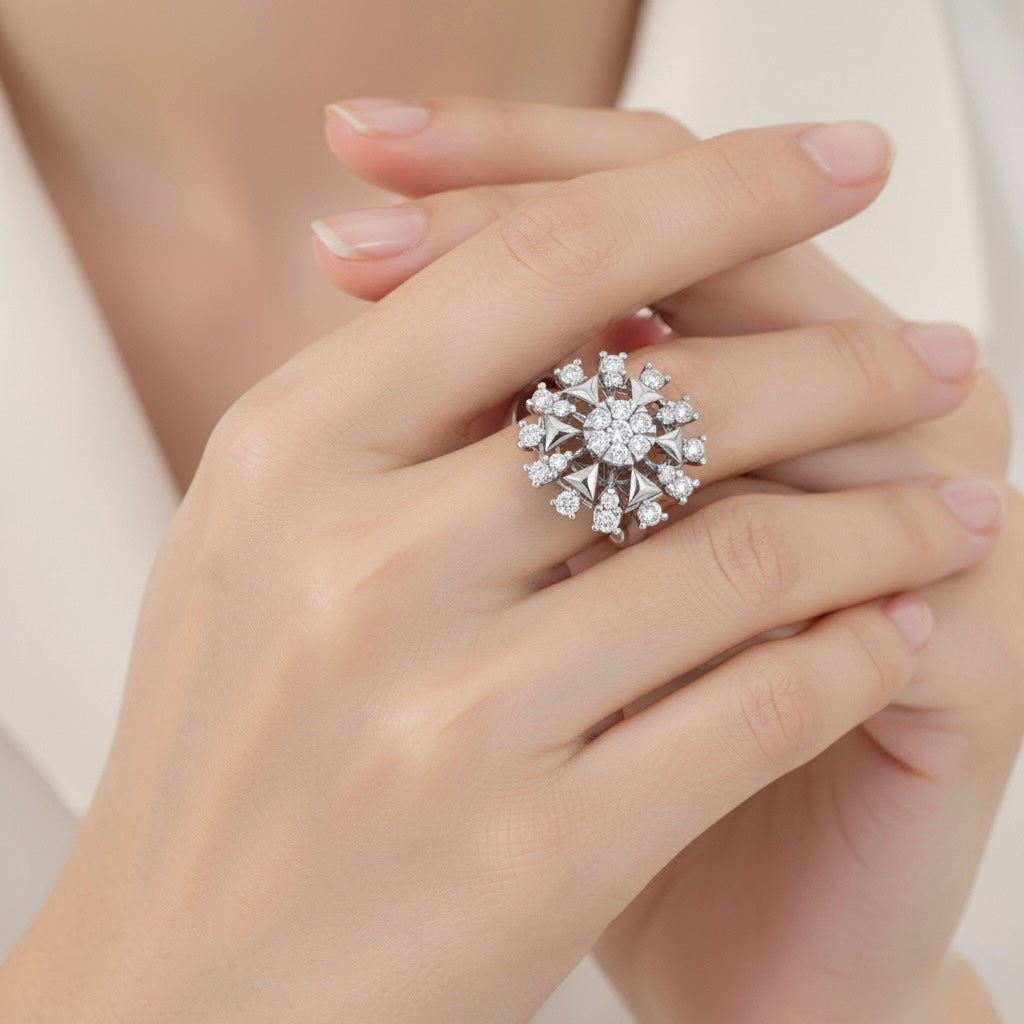 Diamtrendz 925 sterling silver Rhodium plated cubic zirconia floral ring
