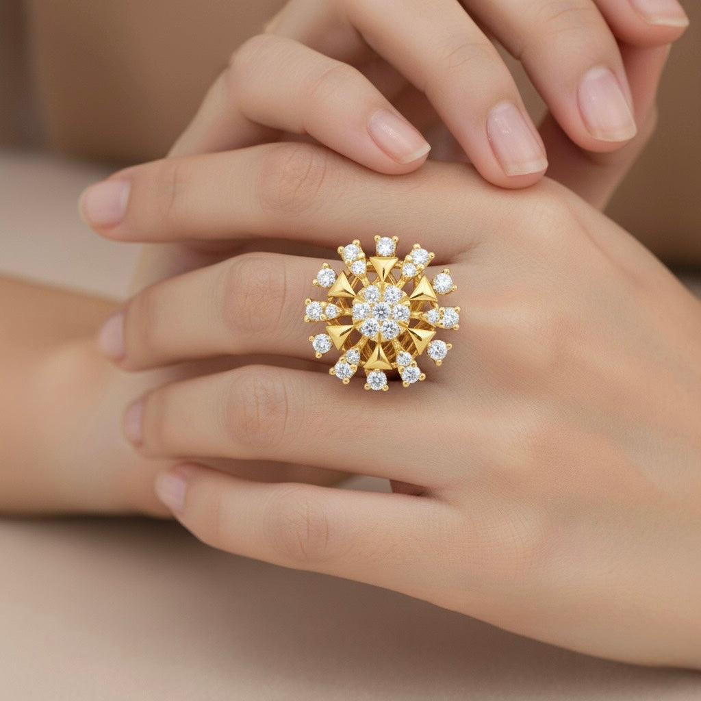 Diamtrendz 925 sterling silver yellow gold plated cubic zirconia floral ring