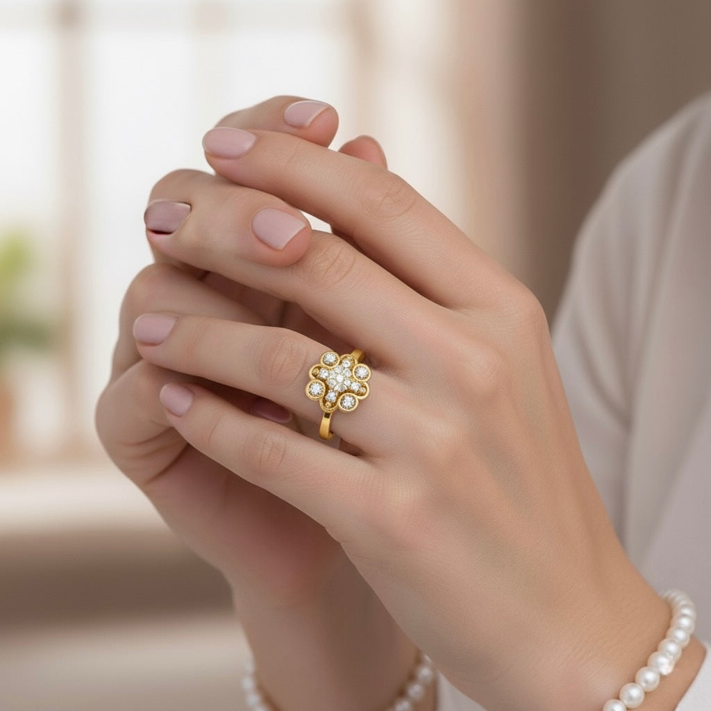 Diamtrendz 925 sterling silver yellow gold plated cubic zirconia floral ring