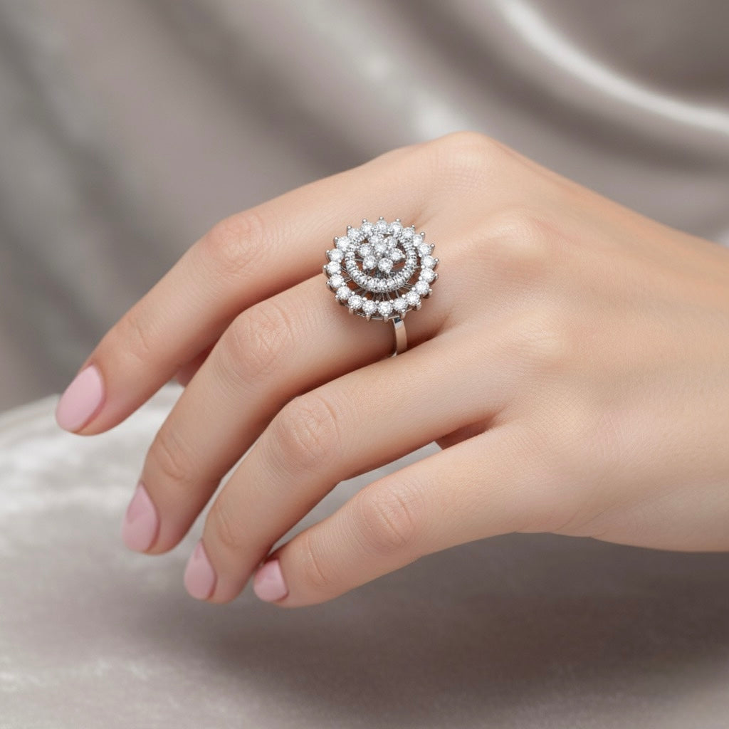 Diamtrendz 925 sterling silver Rhodium plated cubic zirconia halo ring