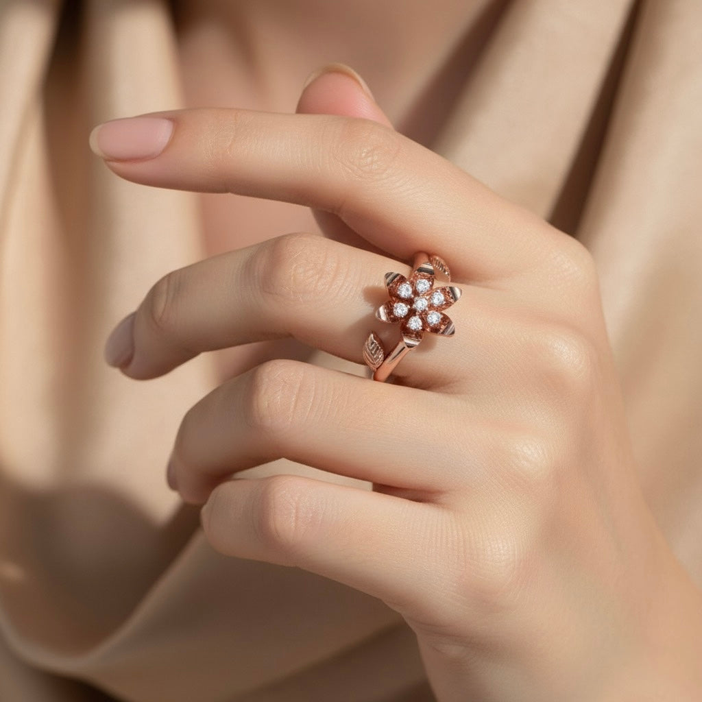 Diamtrendz 925 sterling silver rose gold plated cubic zirconia floral ring