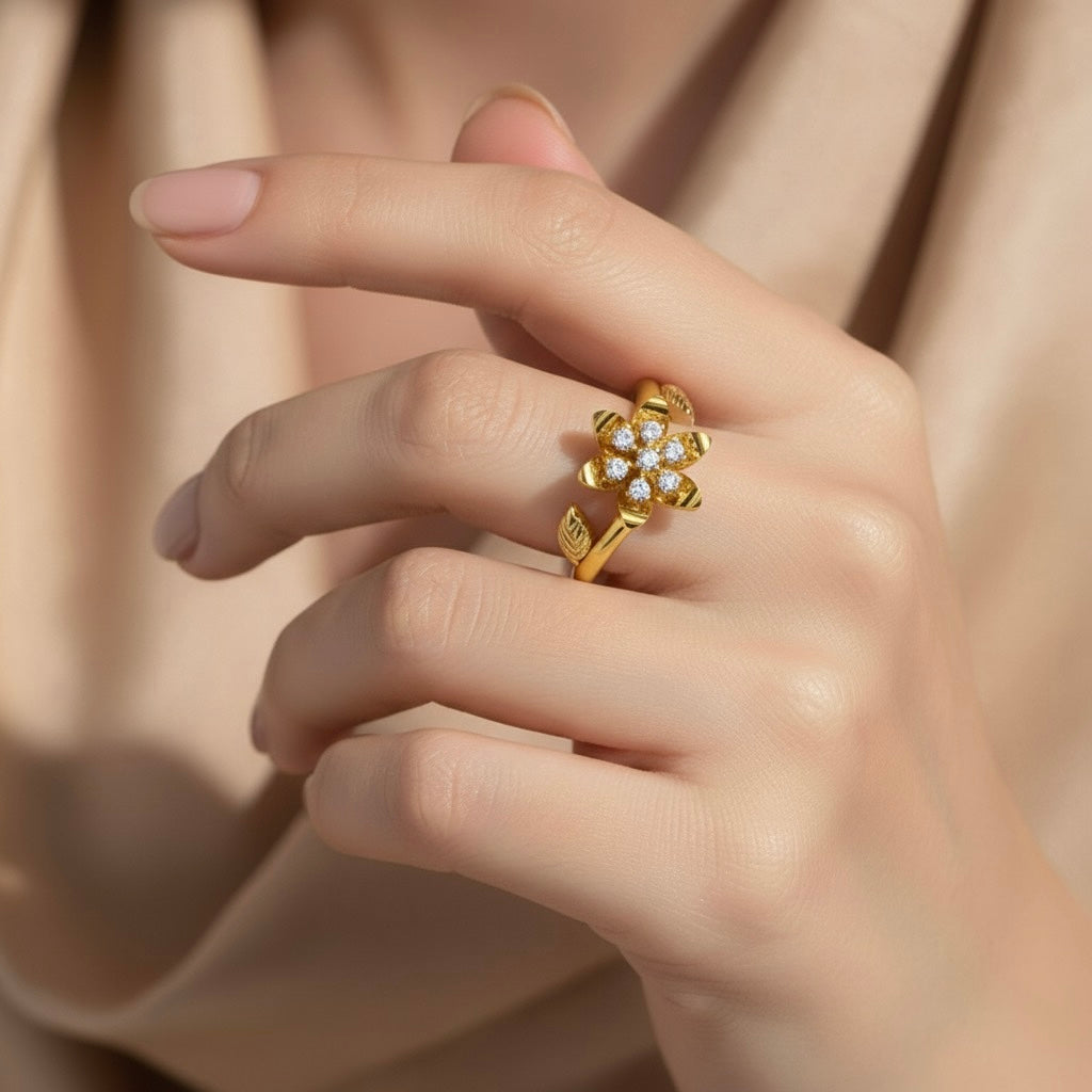 Diamtrendz 925 sterling silver yellow gold plated cubic zirconia floral ring