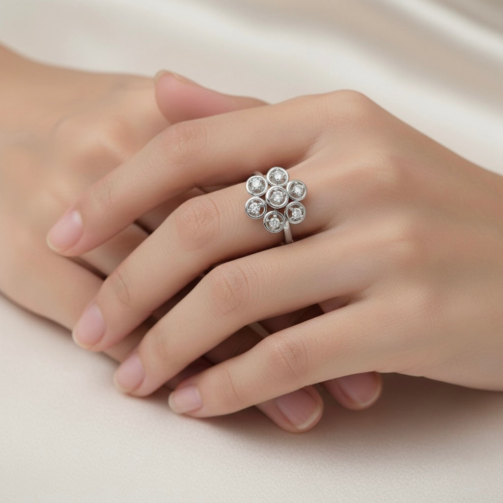 Diamtrendz 925 sterling silver Rhodium plated cubic zirconia floral ring