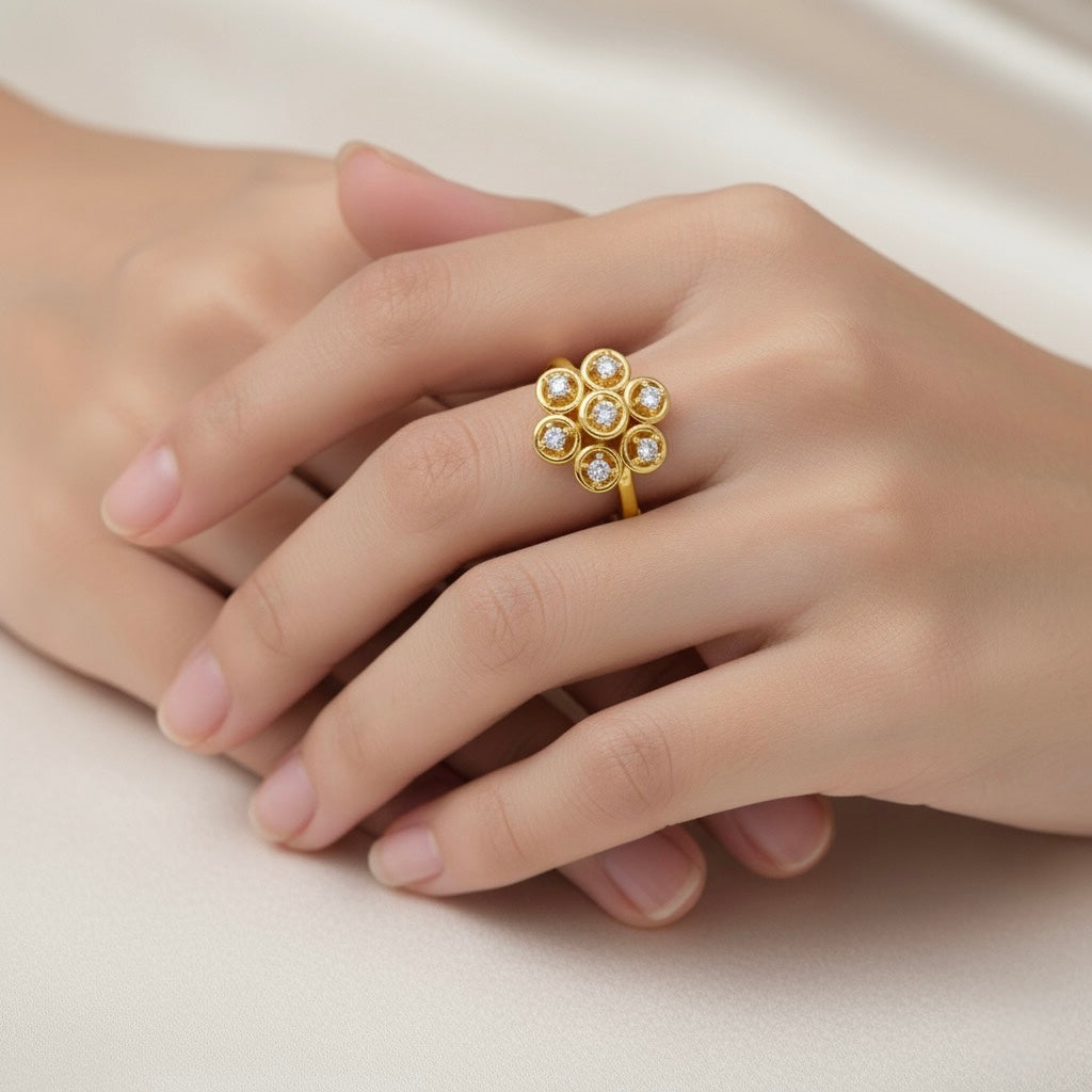 Diamtrendz 925 sterling silver yellow gold plated cubic zirconia floral ring
