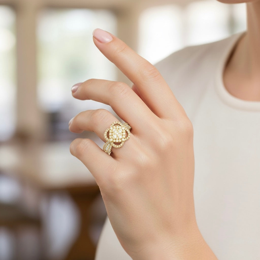 Diamtrendz 925 sterling silver yellow gold plated cubic zirconia floral ring