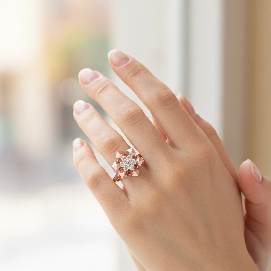 Diamtrendz 925 sterling silver rose gold plated cubic zirconia floral ring