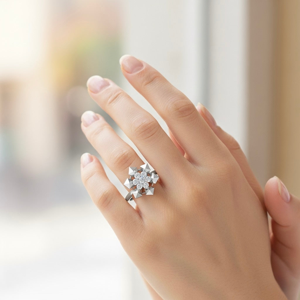 Diamtrendz 925 sterling silver Rhodium plated cubic zirconia floral ring