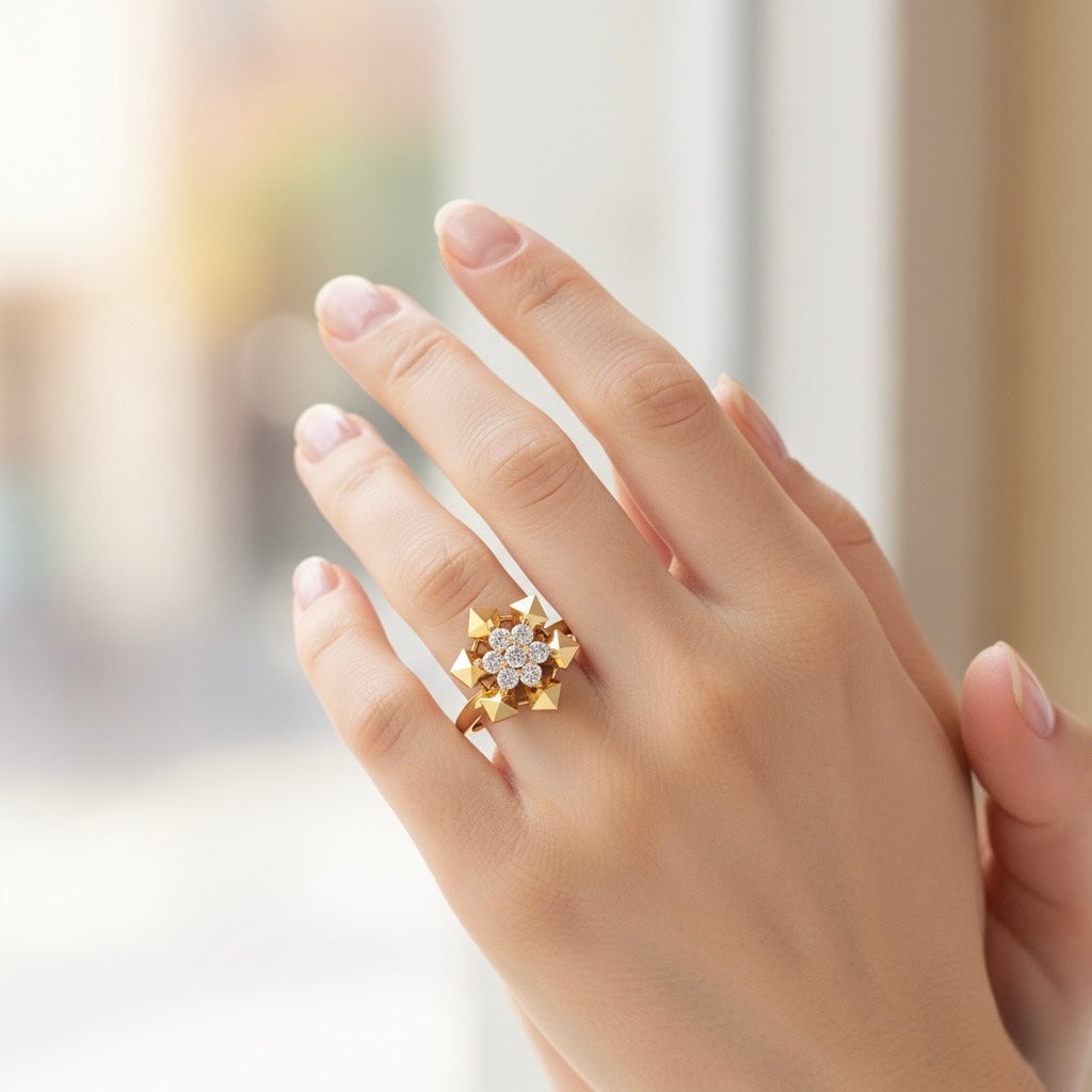 Diamtrendz 925 sterling silver yellow gold plated cubic zirconia floral ring