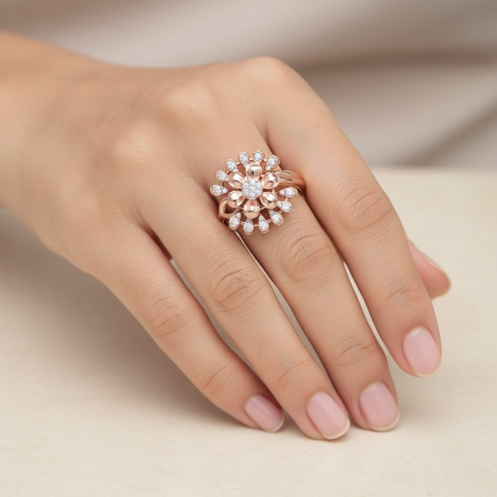 Diamtrendz 925 sterling silver rose gold plated cubic zirconia floral ring