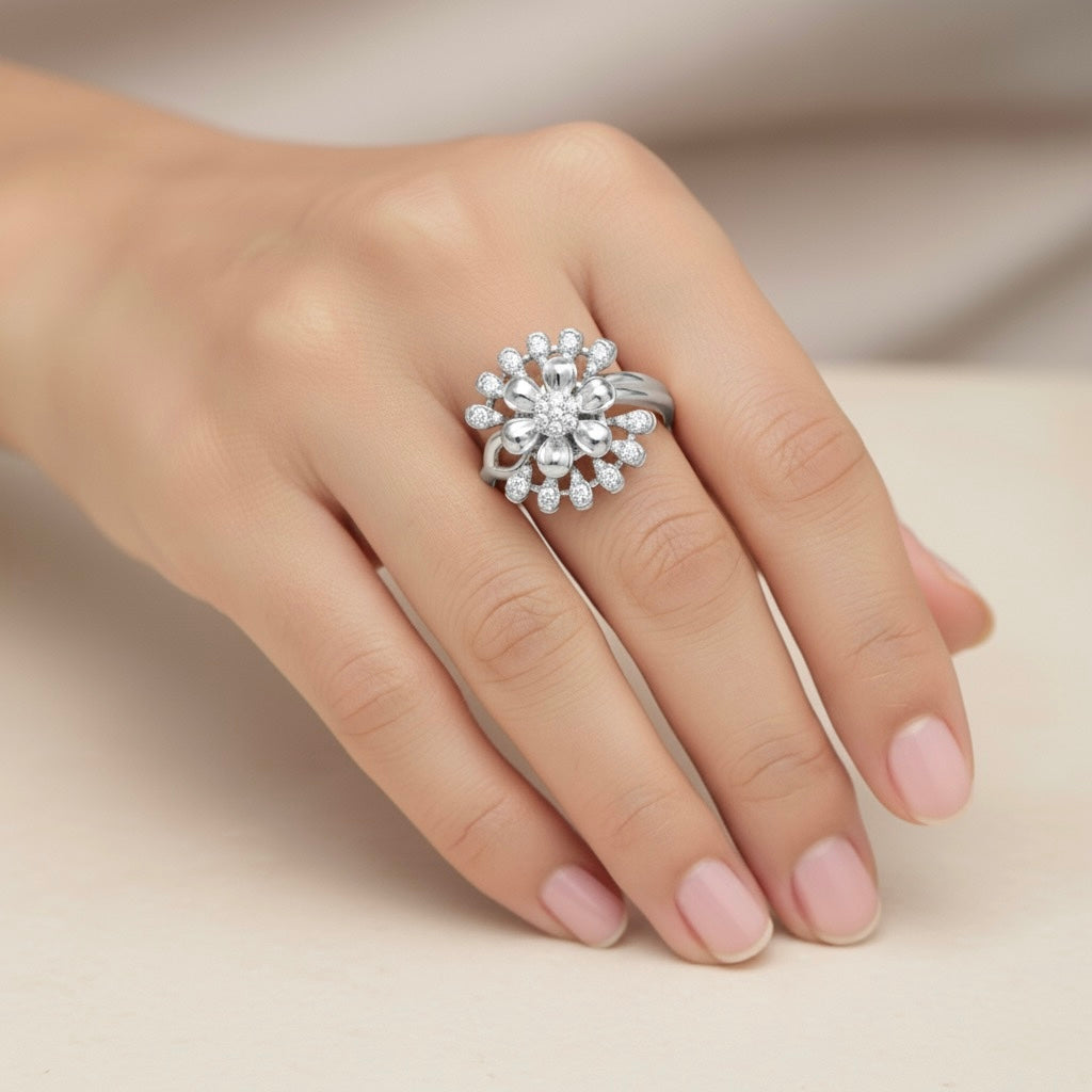 Diamtrendz 925 sterling silver Rhodium plated cubic zirconia floral ring