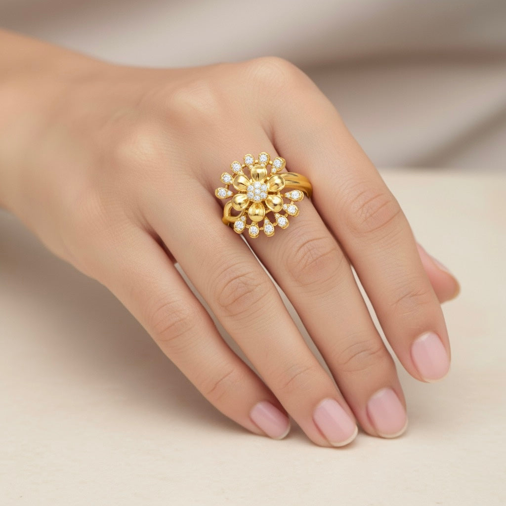 Diamtrendz 925 sterling silver yellow gold plated cubic zirconia floral ring