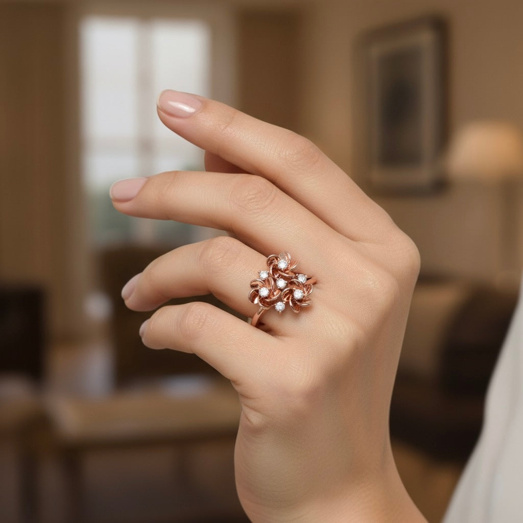 Diamtrendz 925 sterling silver rose gold plated cubic zirconia floral ring
