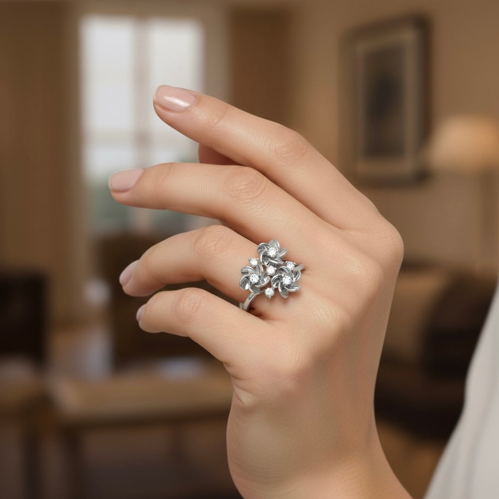 Diamtrendz 925 sterling silver Rhodium plated cubic zirconia floral ring