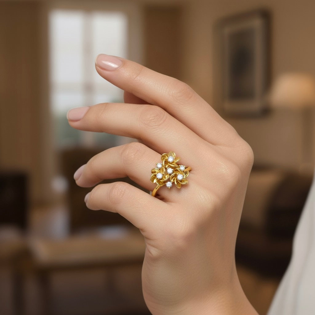 Diamtrendz 925 sterling silver yellow gold plated cubic zirconia floral ring