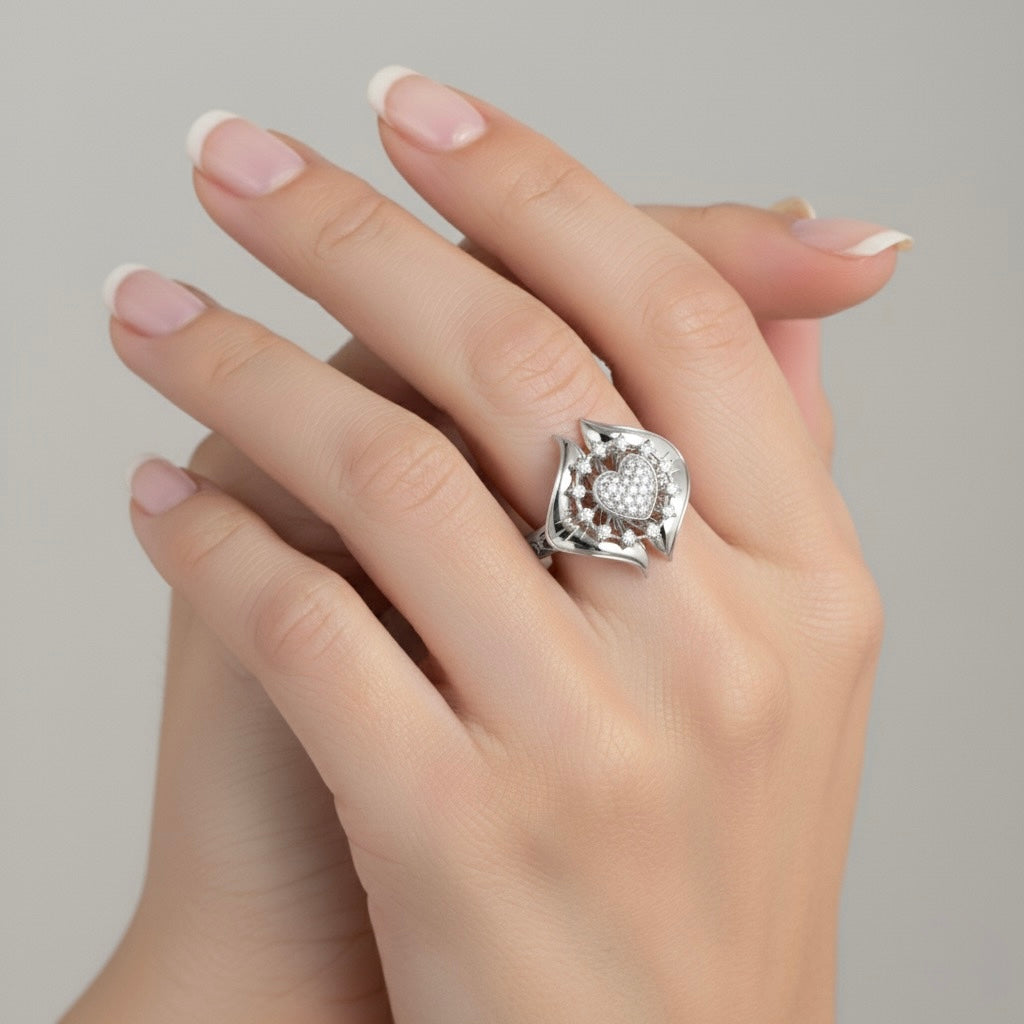 Diamtrendz 925 sterling silver Rhodium plated cubic zirconia floral ring