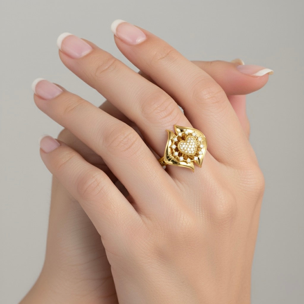 Diamtrendz 925 sterling silver yellow gold plated cubic zirconia floral ring