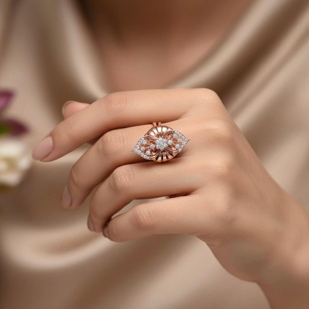 Diamtrendz 925 sterling silver rose gold plated cubic zirconia floral ring