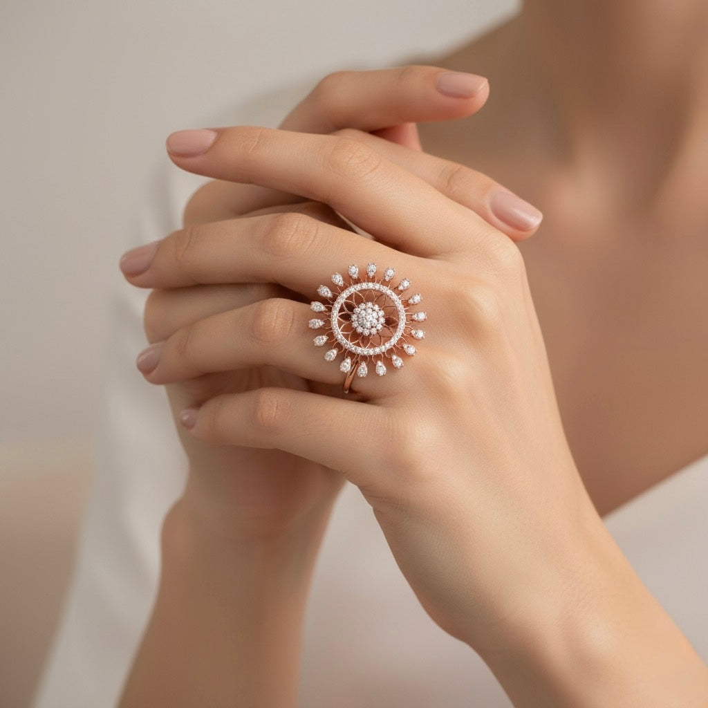Diamtrendz 925 sterling silver rose gold plated cubic zirconia floral ring