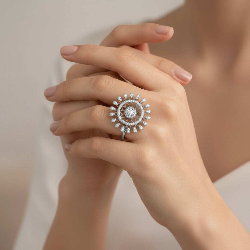 Diamtrendz 925 sterling silver Rhodium plated cubic zirconia floral ring