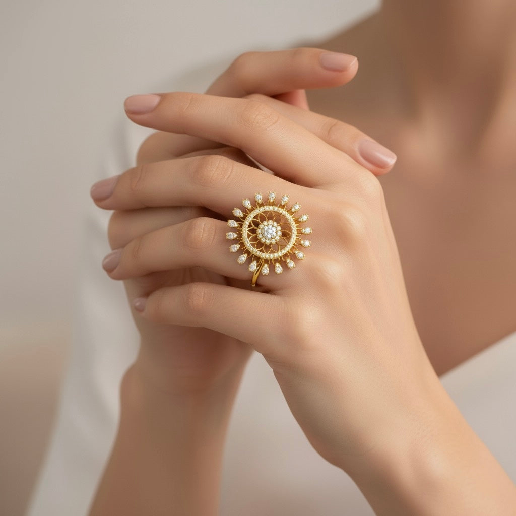 Diamtrendz 925 sterling silver yellow gold plated cubic zirconia floral ring
