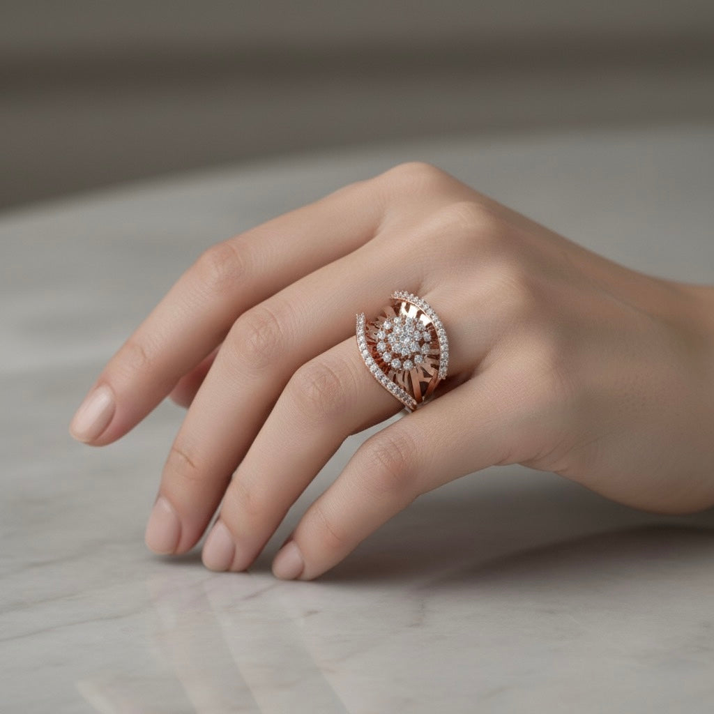 Diamtrendz 925 sterling silver rose gold plated cubic zirconia floral ring