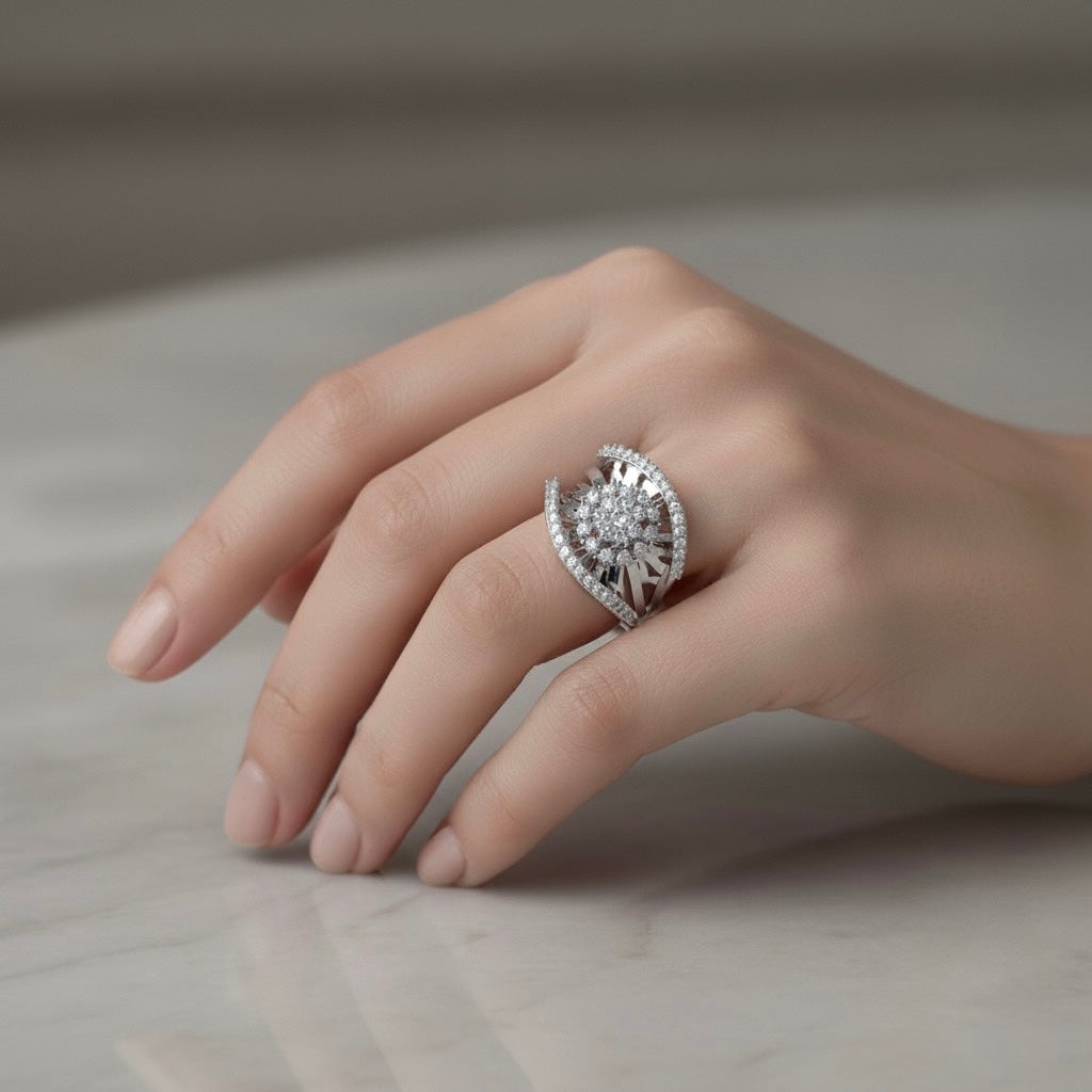 Diamtrendz 925 sterling silver Rhodium plated cubic zirconia floral ring