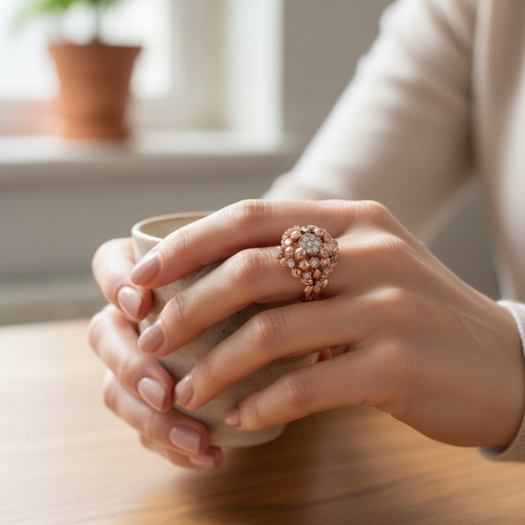 Diamtrendz 925 sterling silver rose gold plated cubic zirconia floral ring