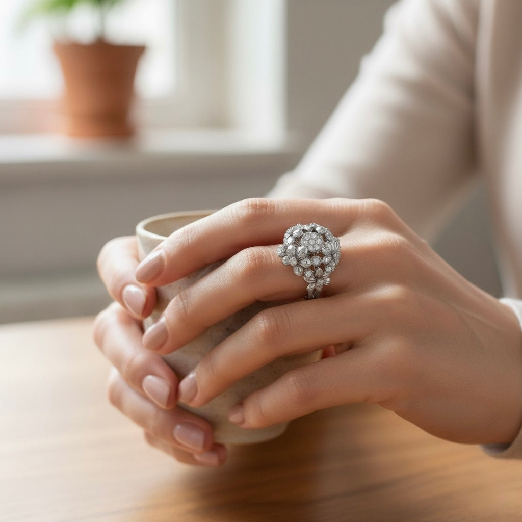 Diamtrendz 925 sterling silver Rhodium plated cubic zirconia floral ring