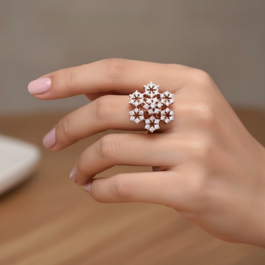 Diamtrendz 925 sterling silver rose gold plated cubic zirconia floral ring