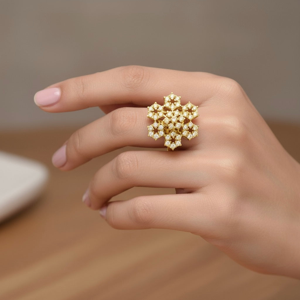 Diamtrendz 925 sterling silver yellow gold plated cubic zirconia floral ring