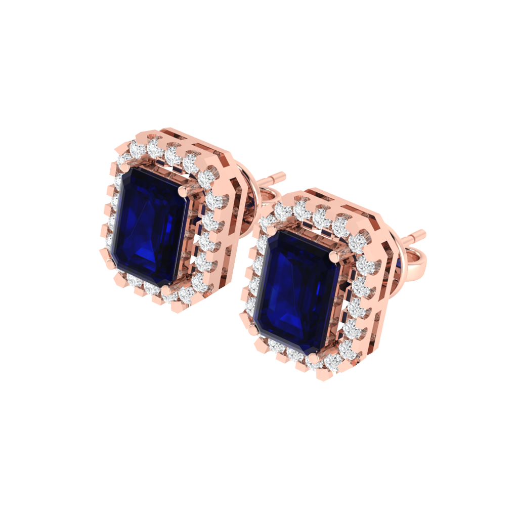 rose gold plated sterling silver emerald shape sapphire stud earrings