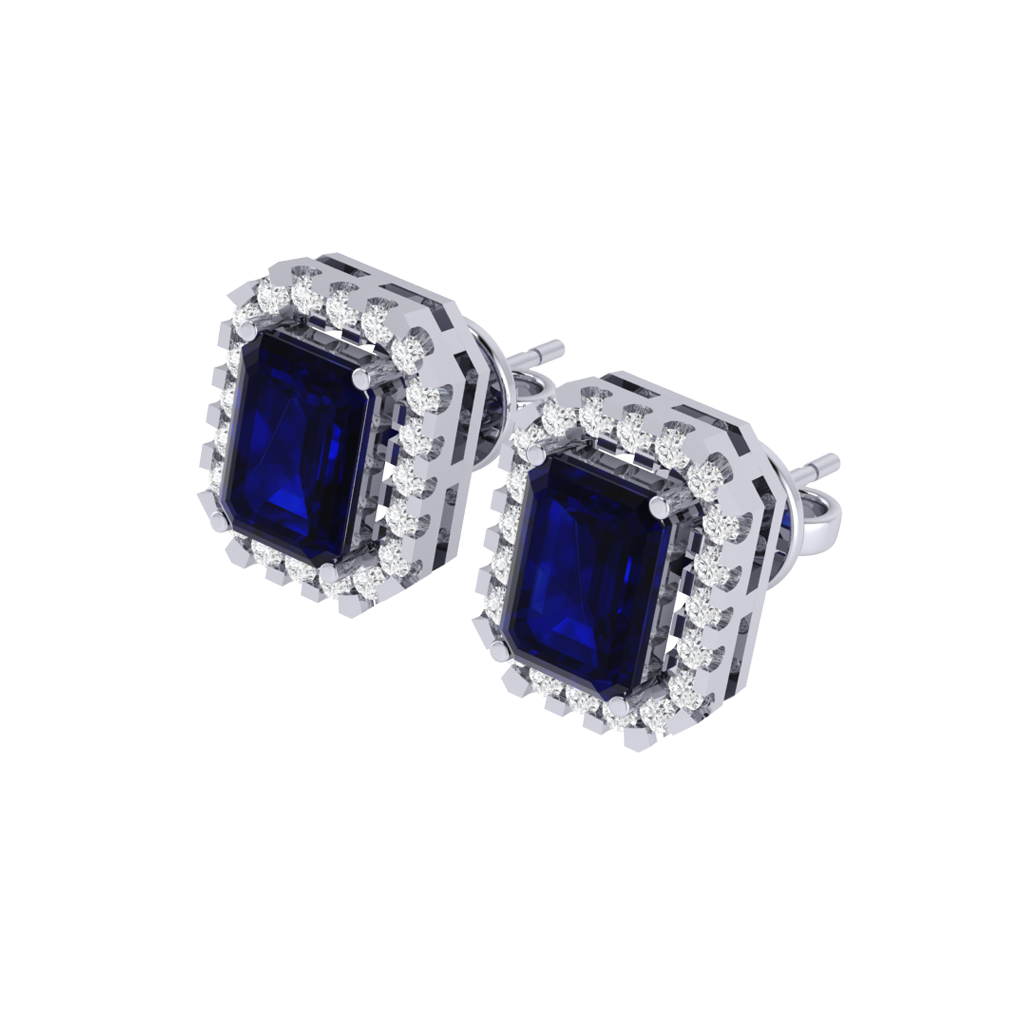 white gold plated sterling silver emerald shape sapphire stud earrings