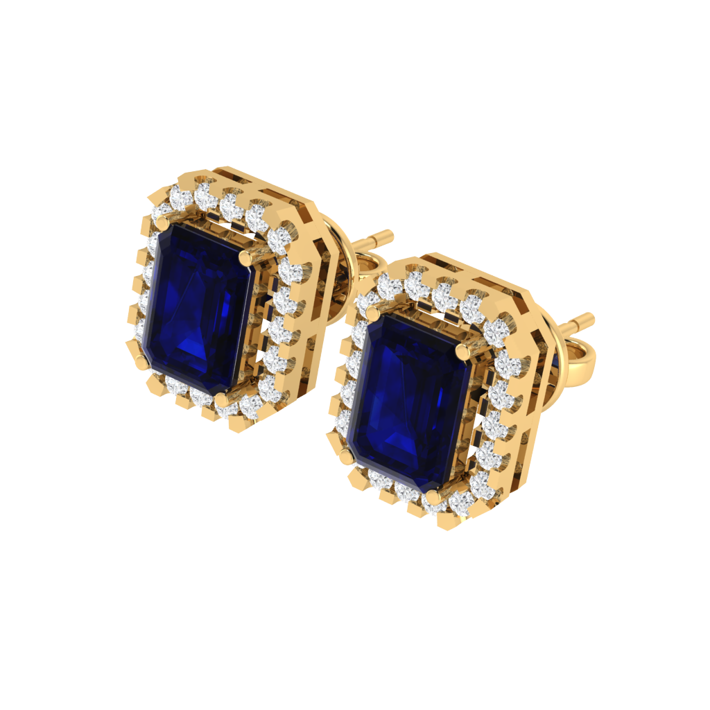 yellow gold plated sterling silver emerald shape sapphire stud earrings