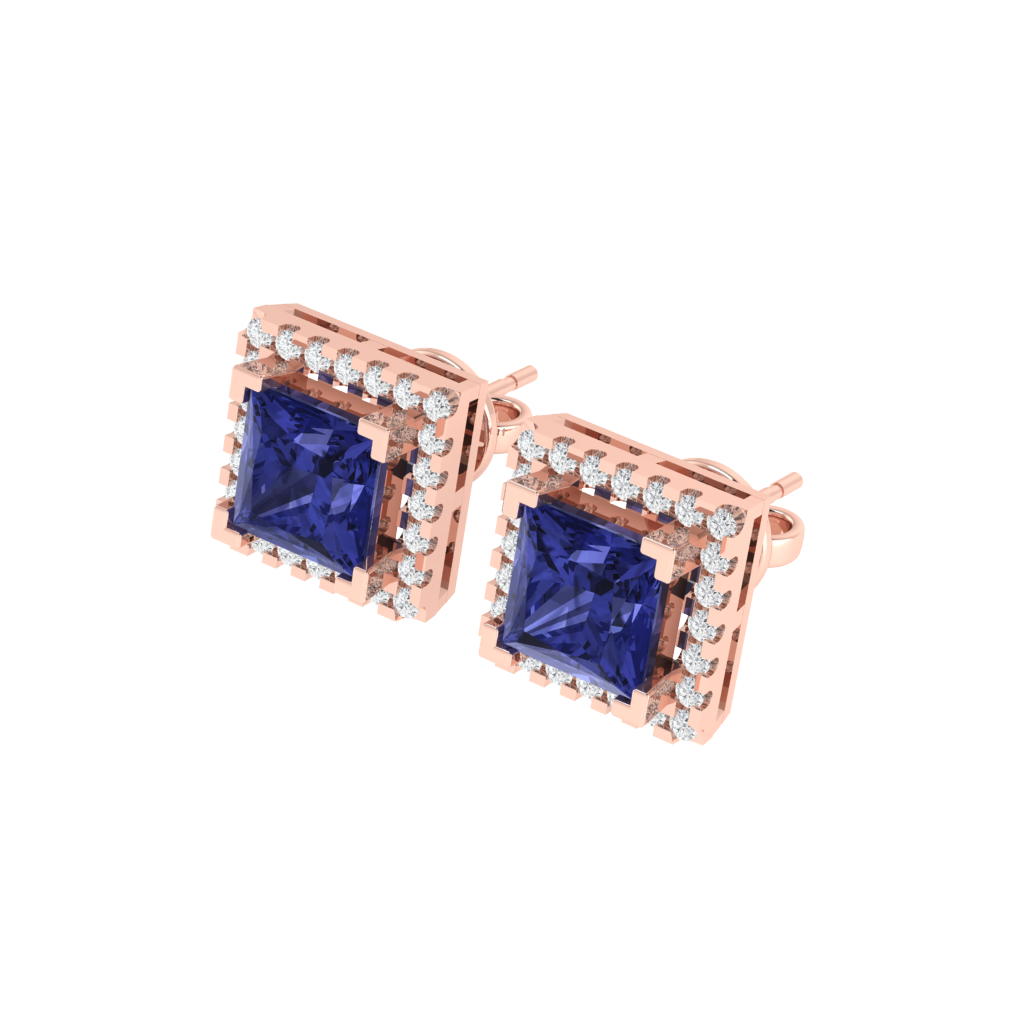 rose gold plated sterling silver princess shape tanzanite stud earrings