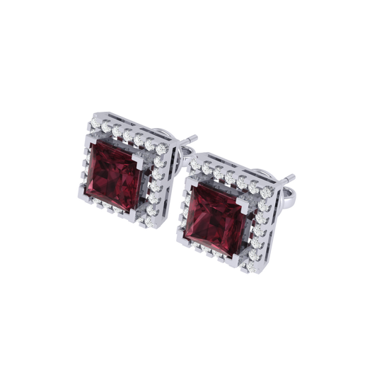 white gold plated sterling silver princess shape garnet stud earrings