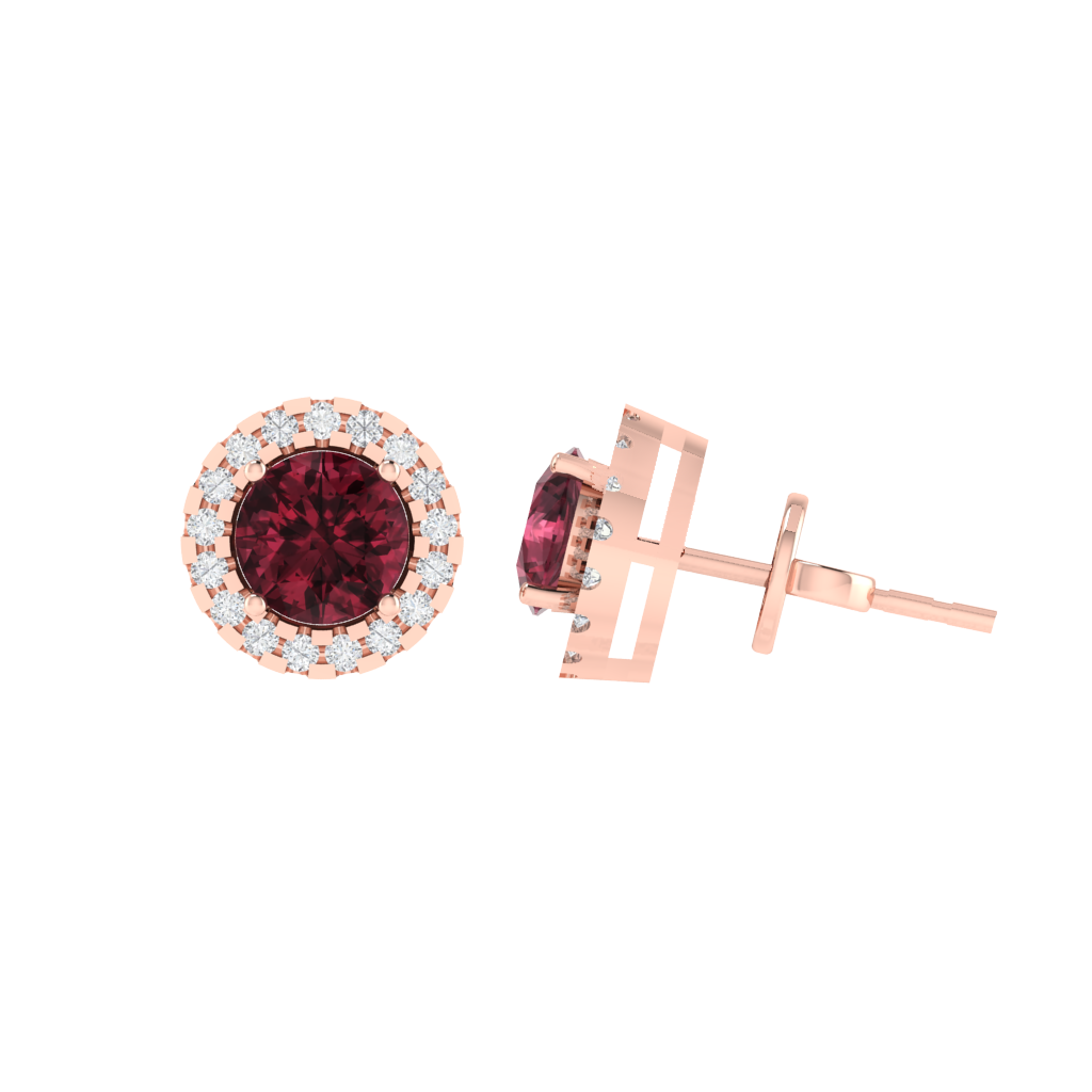 rose gold plated sterling silver round shape garnet stud earrings