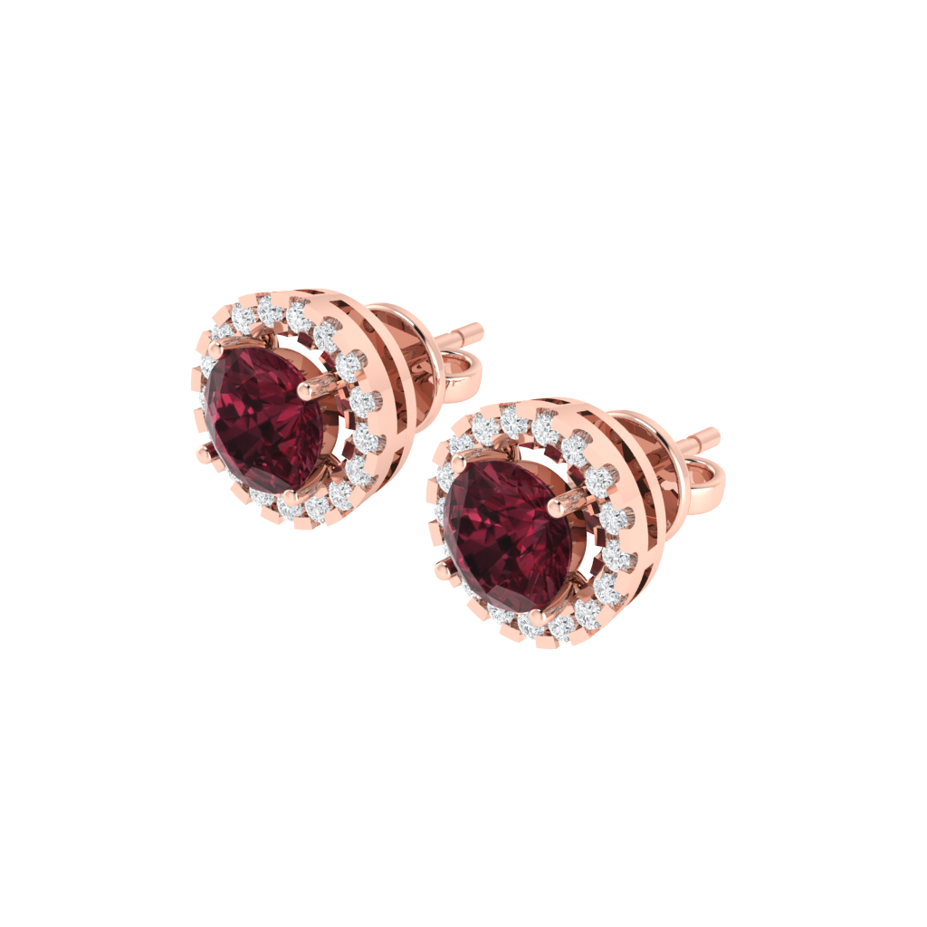 rose gold plated sterling silver round shape garnet stud earrings