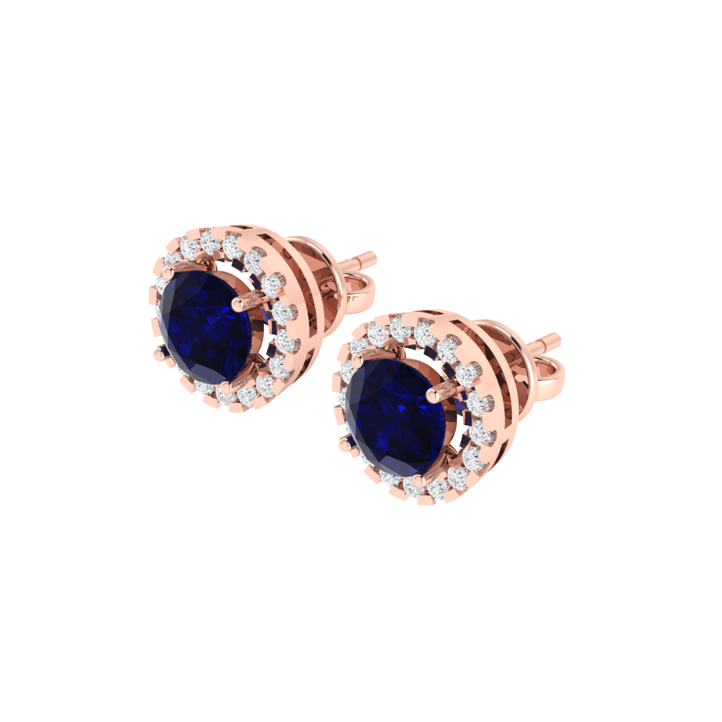 rose gold plated sterling silver round shape sapphire stud earrings