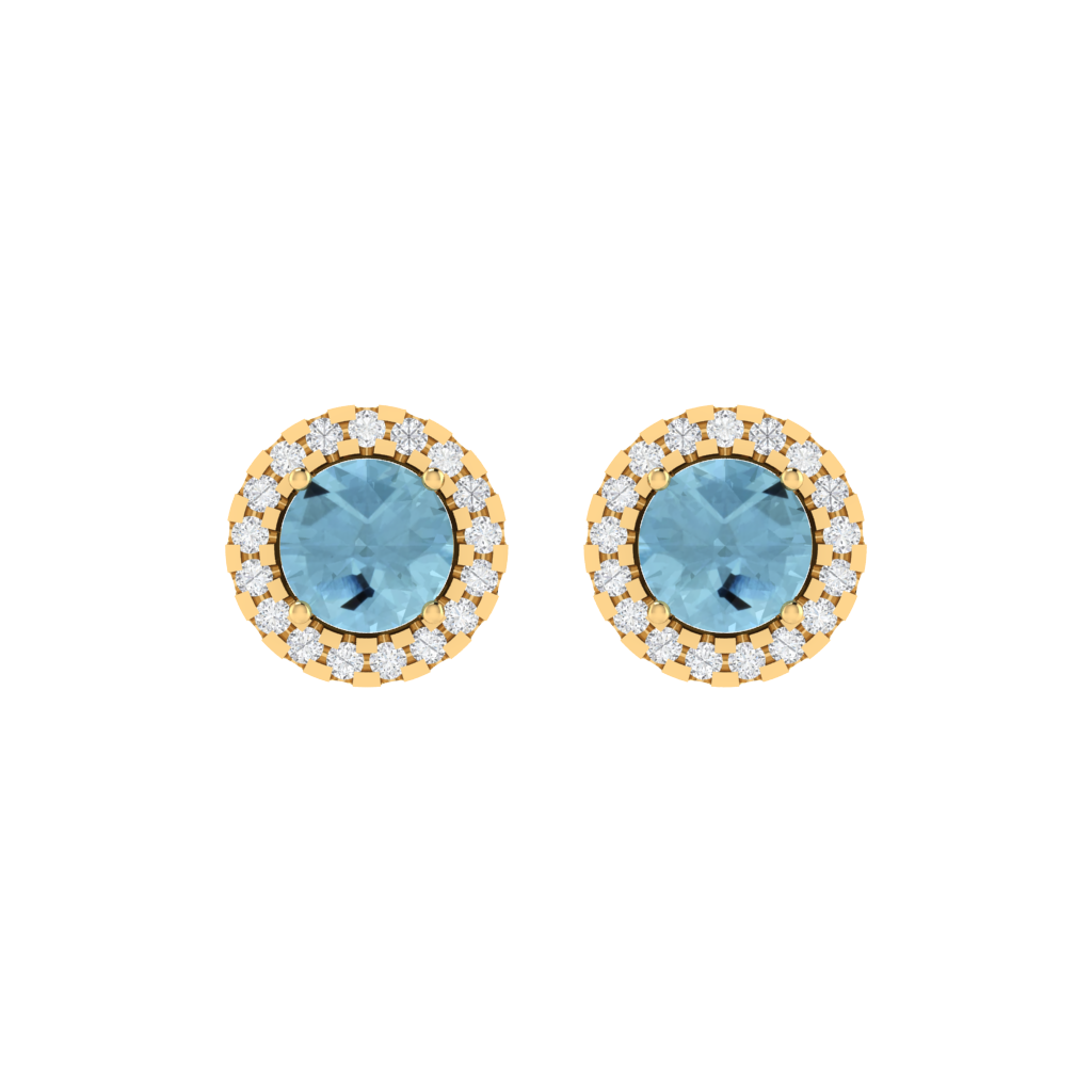 yellow gold plated sterling silver round shape aquamarine stud earrings