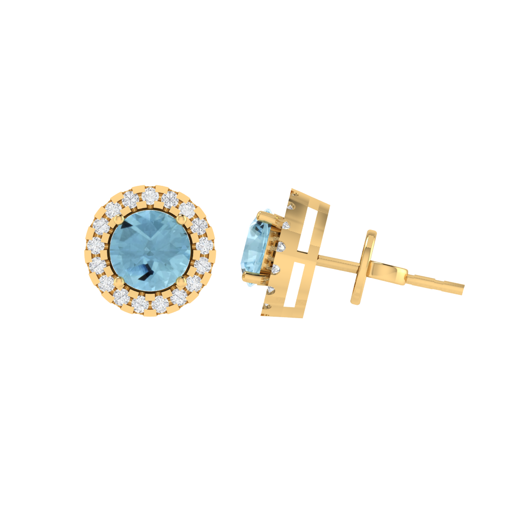 yellow gold plated sterling silver round shape aquamarine stud earrings