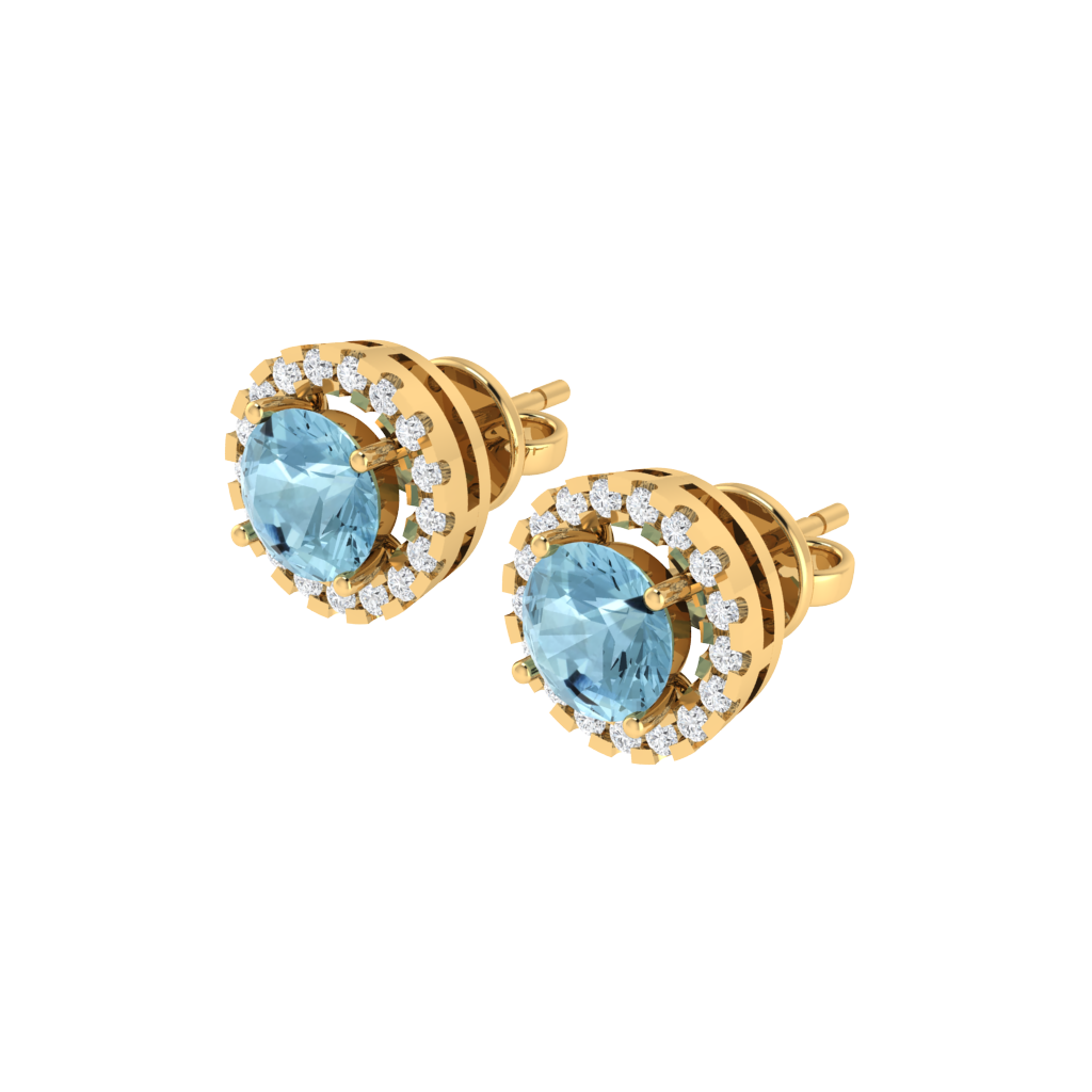 yellow gold plated sterling silver round shape aquamarine stud earrings