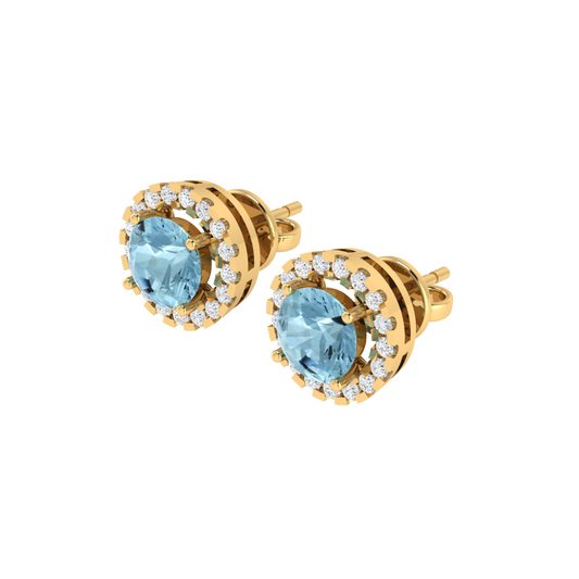 yellow gold plated sterling silver round shape aquamarine stud earrings
