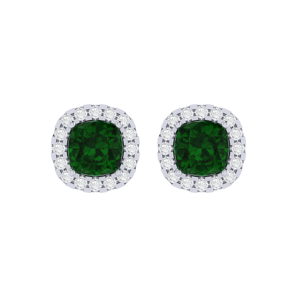 white gold plated sterling silver cushion shape emerald stud earrings